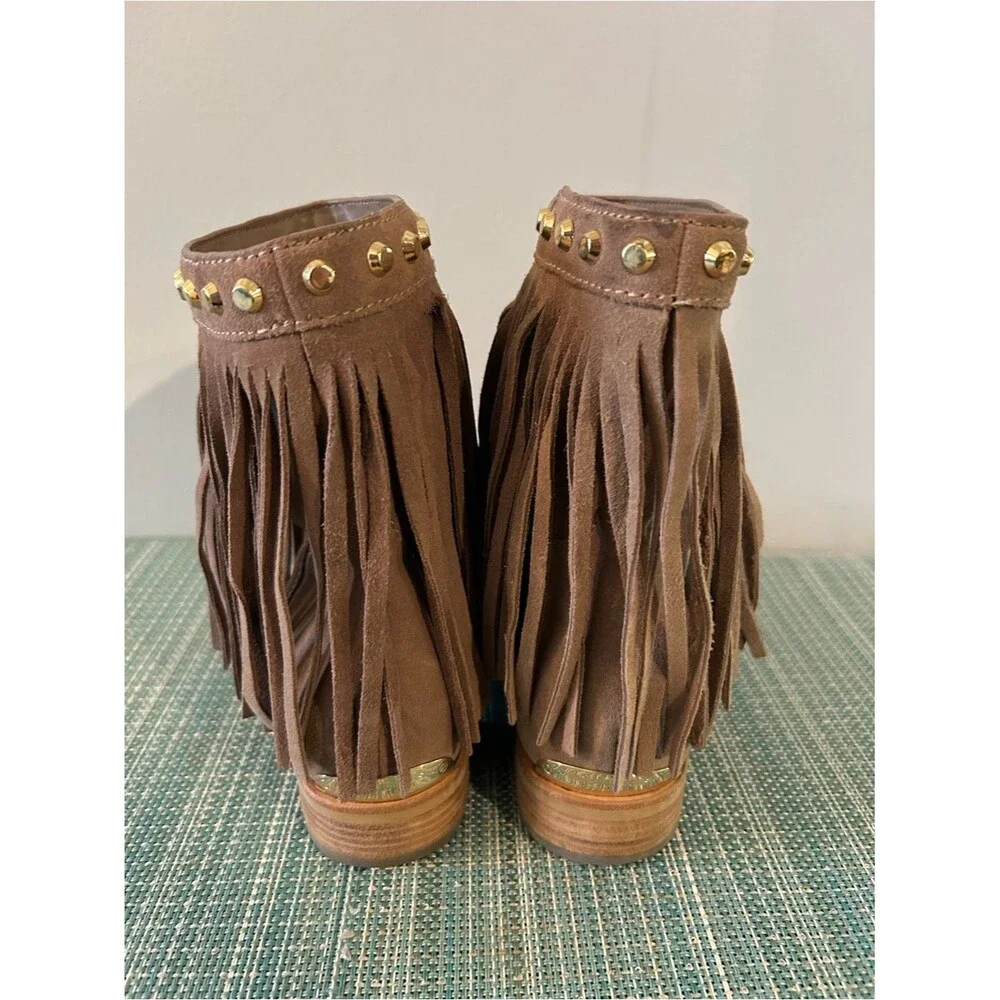 Michael Kors Tan Suede Fringe Ankle Boots with Gold Studs - Size 6